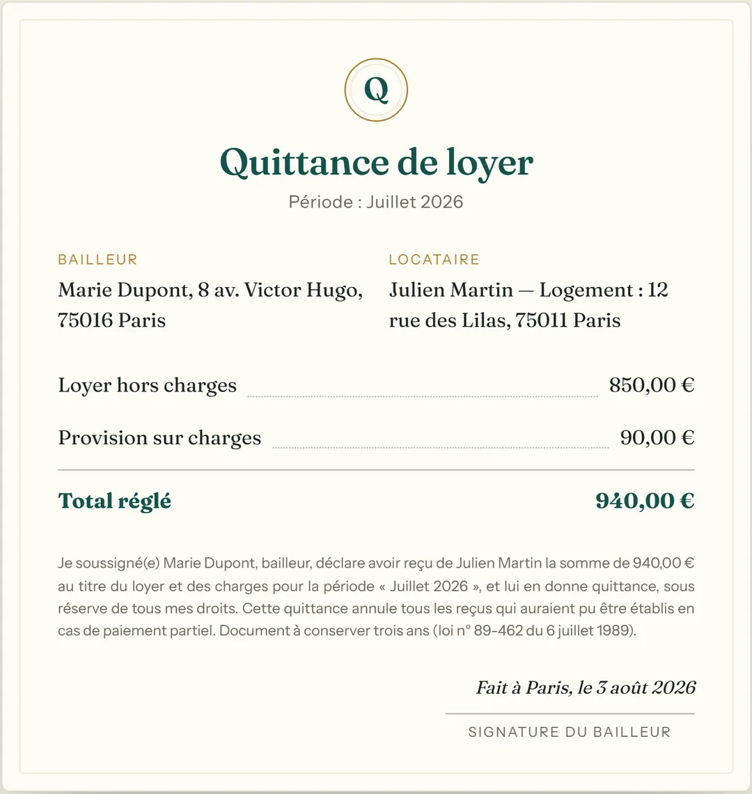 Aperçu d'une quittance de loyer à imprimer : en-tête, bailleur, locataire, loyer et charges, total réglé et emplacement de signature